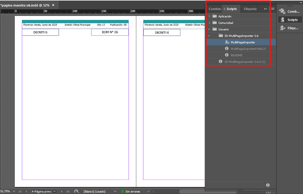 Panel de Scripts en InDesign